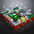 3D Miniature City Model Featuring Urban Scene Small Buildings Green Areas Roads Trees And Clouds