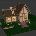 Cartoon Style Cottage Scene with Brown Roof Ladder Yellow Windows Wooden Stairs and Green Grass