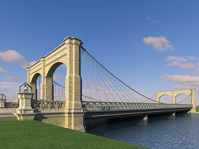 Stone Arch Bridge With Suspension Cables Over Water And Green Grass Under Blue Sky 3d model