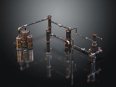 Industrial Metal Piping Setup With Valves Connectors And Shiny Reflective Surfaces 3d model