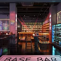 Base Bar Interior Featuring Neon Lights Shelves Full Of Bottles And Tables With Stools 3d model