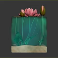 Transparent Cube Container With Pink Water Lily Green Lotus Leaves Aquatic Plants Sand And Pebbles