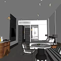 Modern Hotel Room With Striped Sofa Round Table Wooden Dresser And Wall Paintings