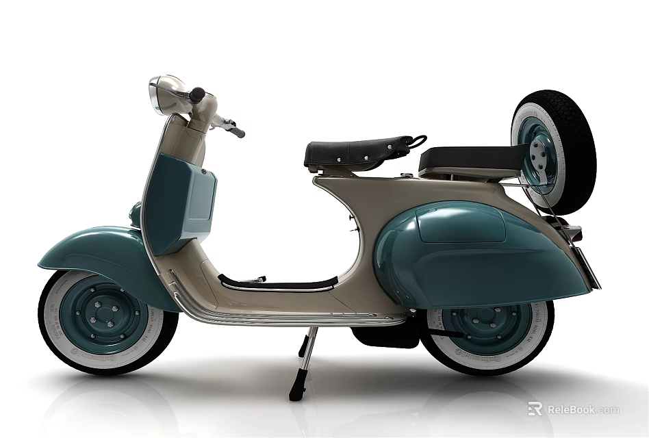 Vintage Teal And Beige Scooter With Black Seat Spare Tire And Classic Design 3d model 