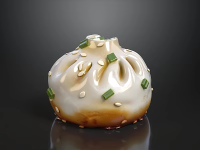Tasty Glossy Steamed Bun Topped With Sesame Seeds Green Onions And Sauce 3d model