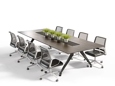 Modern Conference Room Interior with Long Wooden Table Green Plants and Wheeled Office Chairs 3d model