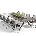 Modern Conference Room Interior with Long Wooden Table Green Plants and Wheeled Office Chairs