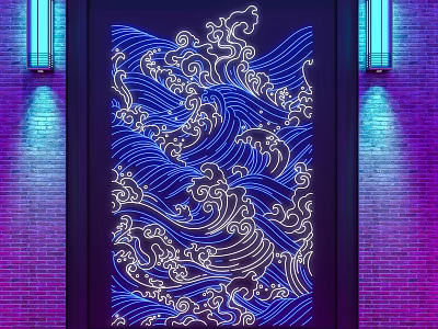 Stylish Bar Entrance With Wave Pattern Door Blue Lighting And Brick Wall 3d model