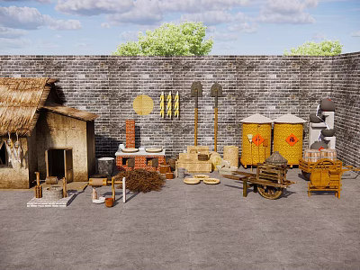 Traditional Garden Decorative Pieces With Thatched Hut Brick Wall Tools And Wheelbarrow 3d model