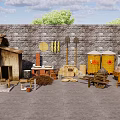 Traditional Garden Decorative Pieces With Thatched Hut Brick Wall Tools And Wheelbarrow