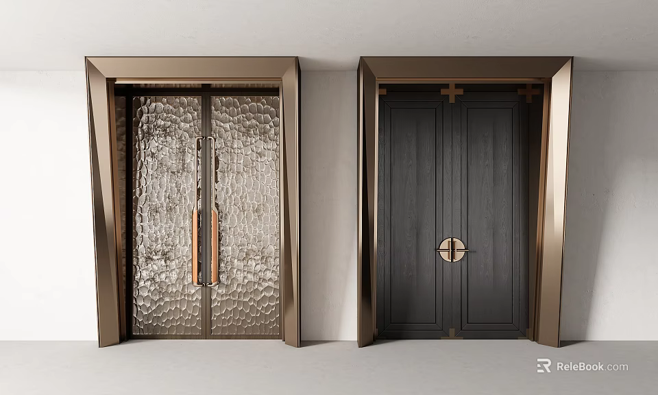 Modern Entrance Doors With Metal Frame Textured Surface Wooden Panel And Brass Accents 3d model 