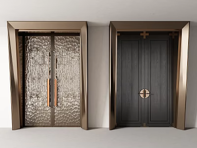 Modern Entrance Doors With Metal Frame Textured Surface Wooden Panel And Brass Accents 3d model