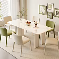 Modern Dining Table Set with Green Beige Chairs Fruit Bowl Vase Wall Art and Plant