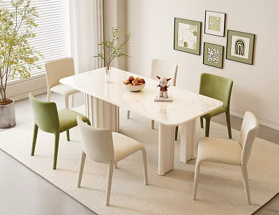 Modern Dining Table Set with Green Beige Chairs Fruit Bowl Vase Wall Art and Plant 3d model