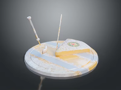 Round Marble Textured Cheese Platter With Sliced Cheese And Knives 3d model