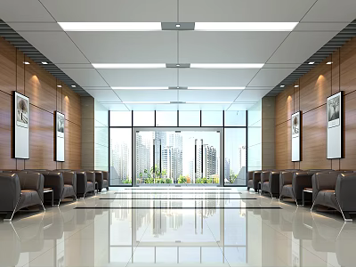 Modern Reception Area With Wooden Walls Glass Facade Waiting Chairs And City View Bright Lighting 3d model