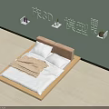 Double Bed 3D Model With Wooden Frame White Sheets Brown Blanket And Wall Shelves