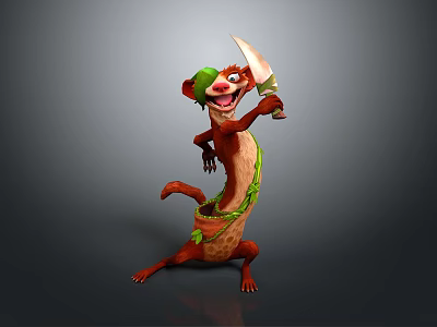 Playful Game Movie Character With Brown Fur Green Headband Holding Acorn In Dynamic Pose 3d model