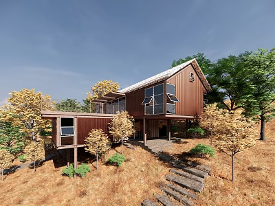 Wooden House with Sloped Roof Large Windows and Stone Steps in Natural Trees 3d model