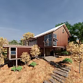 Wooden House with Sloped Roof Large Windows and Stone Steps in Natural Trees