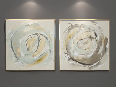 Abstract Paintings With Spiral Patterns Framed Hanging On Gray Wall Illuminated By Spotlights 3d model