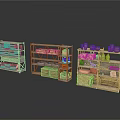 Three Industrial Storage Shelves With Wooden Crates Dishes And Bottles
