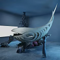 Whale Sculpture Art Installation in Blue Room with Blank Frames and Debris Near Standing Figure