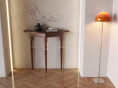 Wooden Console Table with Black Vase Dried Branches Books and Orange Lamp on Herringbone Floor 3d model
