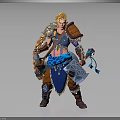Blonde Female Warrior In Blue Brown Armor With Feather Decor And Bird Inspired Weapons