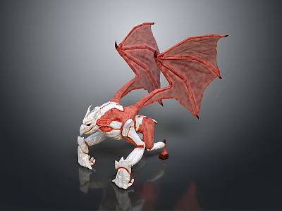 Red and White Mythical Dragon with Large Wings 3D Model Standing Pose 3d model