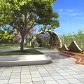 Scenic Park Landscape With Green Trees Cherry Blossom Arched Pergola And Wooden Benches