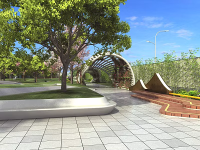 Scenic Park Landscape With Green Trees Cherry Blossom Arched Pergola And Wooden Benches 3d model