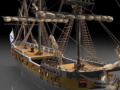 Historical Warship Model Featuring Tall Sailing Masts and Wooden Deck Details 3d model
