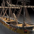 Historical Warship Model Featuring Tall Sailing Masts and Wooden Deck Details