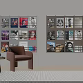 Modern Minimalist Bookcase Interior With Open Shelves Magazines And Brown Chair Side Table