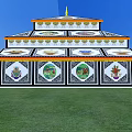 Traditional Multi tiered Religious Building With Blue White Design And Golden Spires On Green Grass