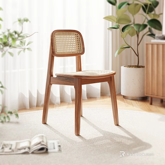 Minimalist Wooden Dining Chair With Rattan Backrest In Bright Interior With Plants And Natural Light 3d model 