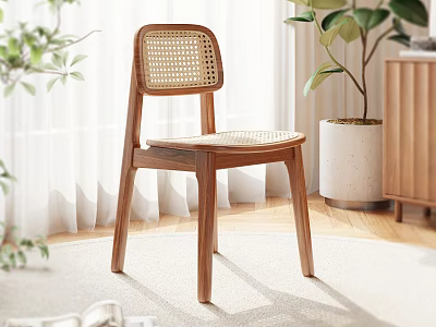 Minimalist Wooden Dining Chair With Rattan Backrest In Bright Interior With Plants And Natural Light 3d model