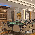 Luxury Mahjong Hall Interior With Multiple Tables Chairs Wine Cabinet Decorative Paintings And Patterned Carpet
