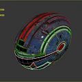 Blue And Red Metallic Sphere Object With Silver Stripes And Textured Surface
