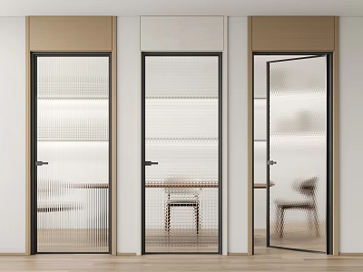 Hinged Doors With Glass Panels Black Frames Light Colored Walls Wooden Flooring Tables Chairs Behind 3d model
