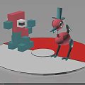Pink Blue Block Characters And Top Hat Bird Creature On Red White Round Platform 3d model