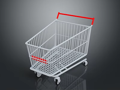 White Metal Shopping Cart With Red Handle And Rolling Wheels For Daily Use 3d model