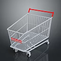 White Metal Shopping Cart With Red Handle And Rolling Wheels For Daily Use