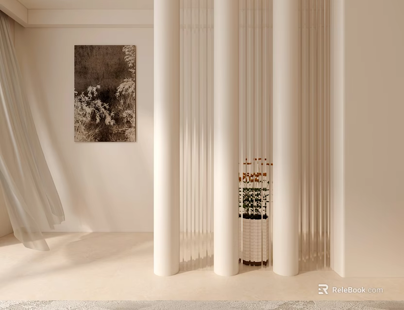 White Vertical Slat Room Divider With Decorative Vase Flowers Background Wall Curtains And Painting 3d model 