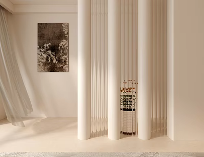 White Vertical Slat Room Divider With Decorative Vase Flowers Background Wall Curtains And Painting 3d model
