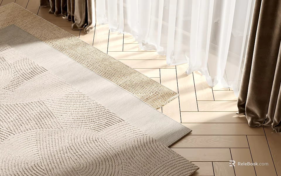 Light Beige Woven Square Rug On Wooden Floor With Sheer Curtains And Natural Light 3d model 
