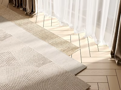Light Beige Woven Square Rug On Wooden Floor With Sheer Curtains And Natural Light 3d model