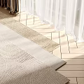 Light Beige Woven Square Rug On Wooden Floor With Sheer Curtains And Natural Light