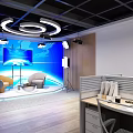 Modern Court Reception Area With Curved White Desk And Blue Background Lighting